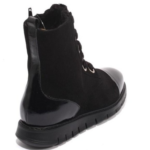 ITALIAN Black Suede Patent Leather Fur Ankle Boots - Picture 4 of 9